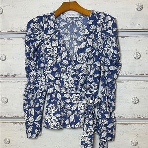 ASTR Blue Floral Wrap Blouse Puff Sleeves Size S